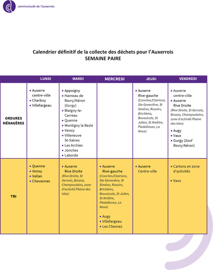 Calendrier des collectes définitif semaine paire